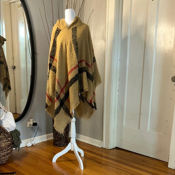 Tan and Red Asymmetrical Oversized Poncho Sweater - Picture 1 of 9